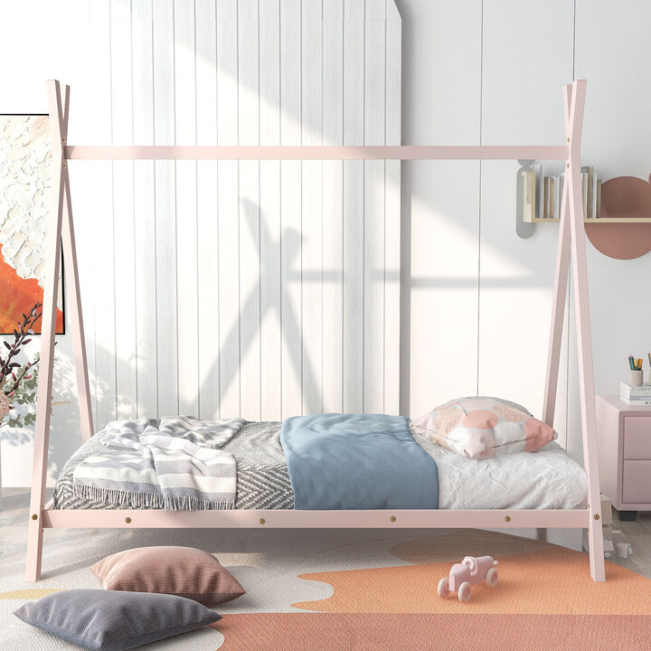 Wooden House Bed Frame with Canopy Tent for Kids & Toddlers Stylish Montessori Floor Bed
