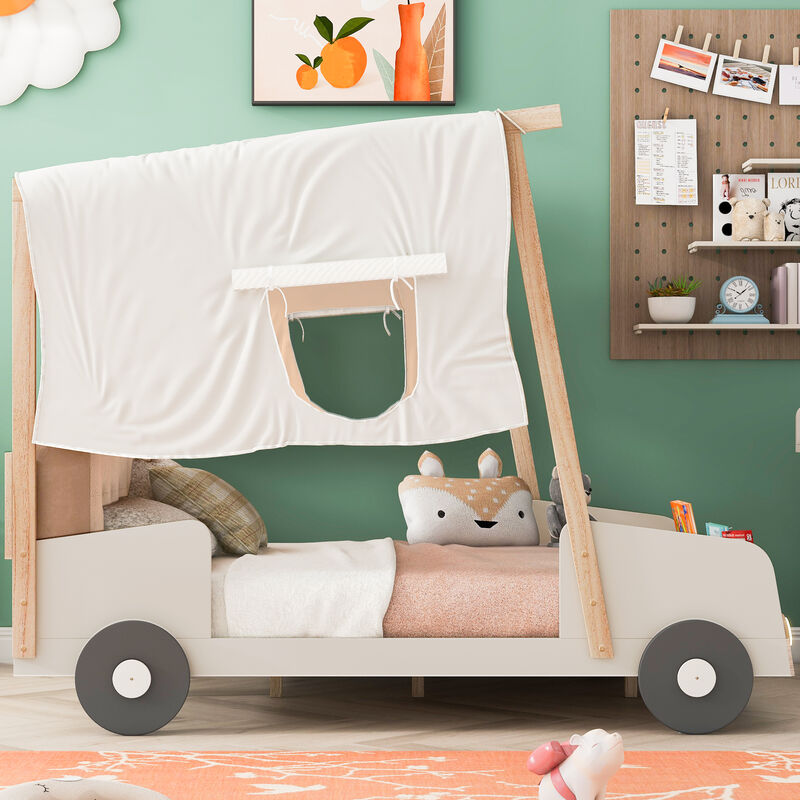 Merax Car Bed with Pillow, Ceiling Cloth and LED