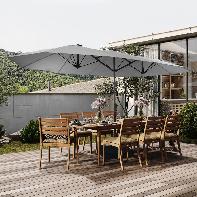 MONDAWE 15ft Twin Double-Sided Solar LED Patio Market Umbrella with Included Base Stand