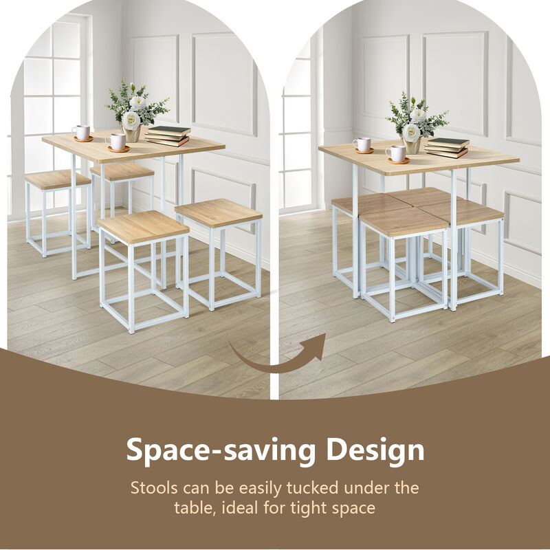 5 Pieces Metal Frame Dining Set with Compact Dining Table and 4 Stools-Natural