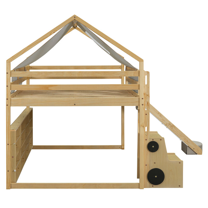 Merax Wooden House-shaped Frame Loft Bed  with a Tent