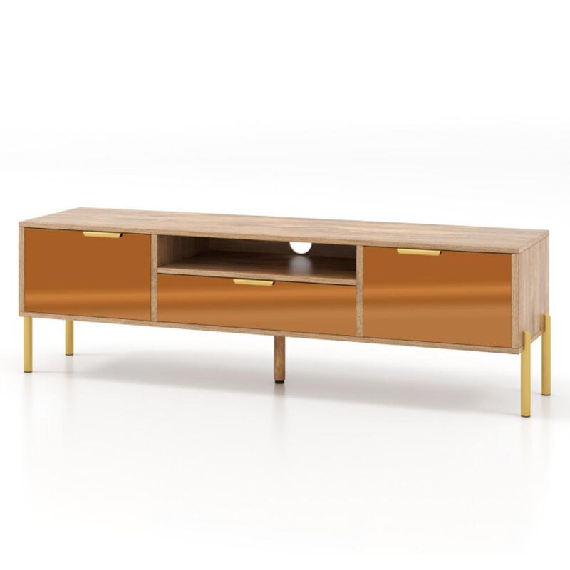Hivvago Mirrored TV Stand for TV up to 65 Inch with Spacious Tabletop and 2 Storage Cabinets-Natural