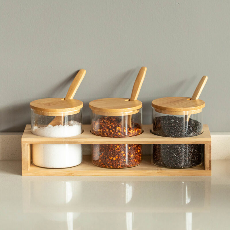 Basicwise 3-Piece Glass Containers with Bamboo Lids and Tray Holder – Decorative Storage for Condiment Pots and Spice Jars - Coffee Station Accessories, Perfect Organizer for Home Kitchen or Café