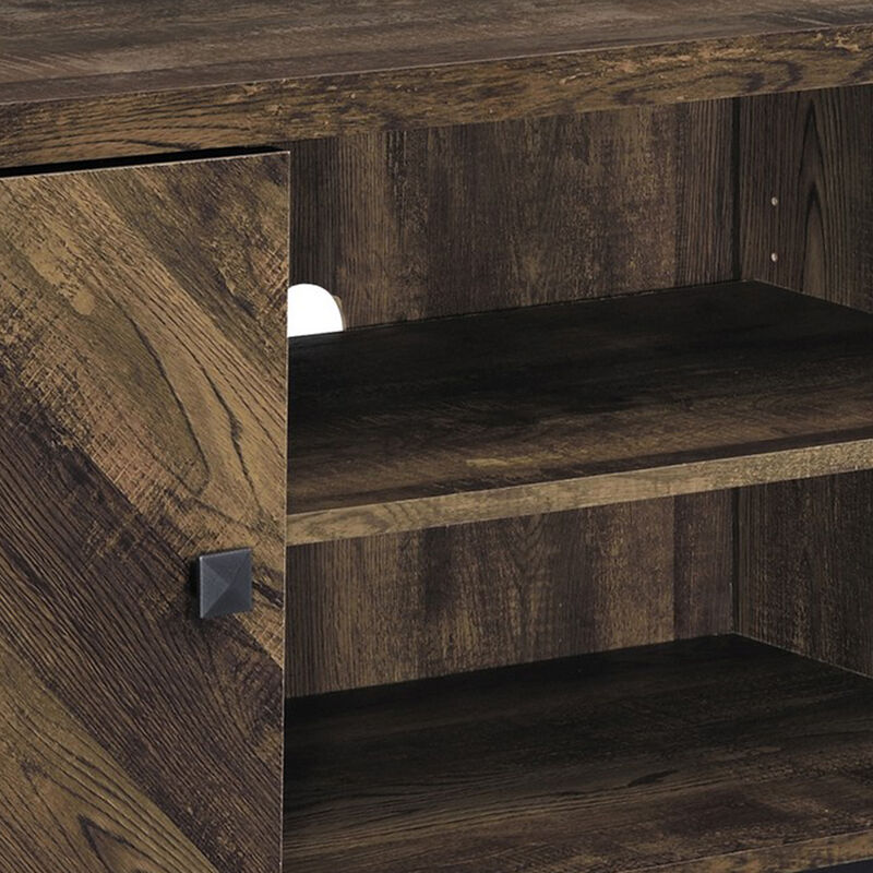 60 Inch TV Media Console Cabinet, 2 Herringbone Doors, Rustic Brown Wood-Benzara