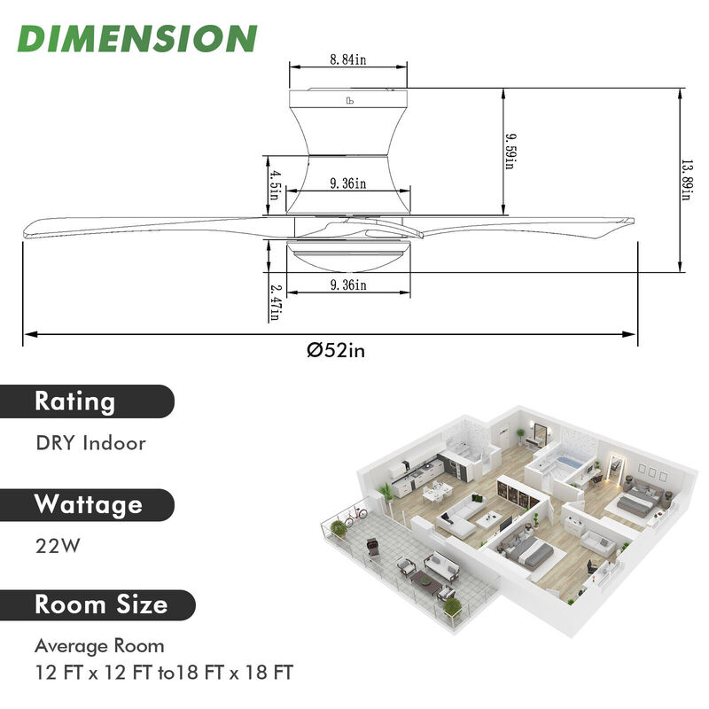 Flush Mount Ceiling Fan with LED Light