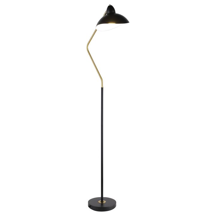 69 Inch Floor Lamp, V Curved Arm, Wavy Edges, Black Metal, Gold, White  - Benzara