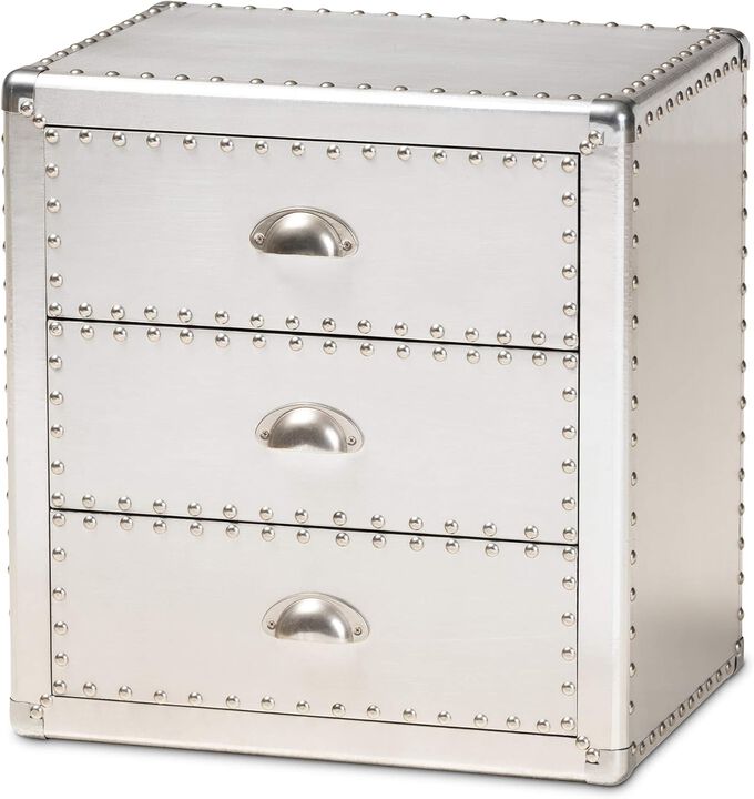 Baxton Studio Armel French Industrial Silver Metal 3-Drawer Nightstand