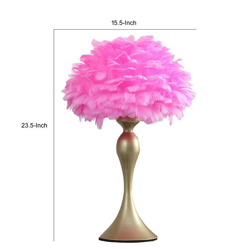 Lily 24 Inch Metal Glam Feather Table Lamp, Candlestick, 40W, Pink, Red-Benzara