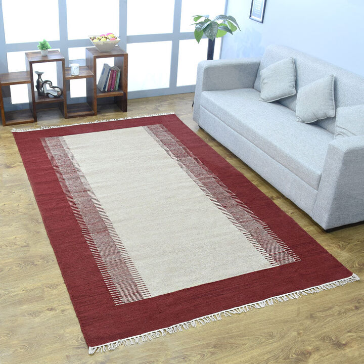 RUGSOTIC CARPETS HAND WOVEN FLAT WEAVE KILIM WOOL ECO-FRIENDLY AREA RUGS  - 10'x13', Rectangle Shape, Cream Wine Color, Contemporary Modern Design, Low Pile Handmade Rugs for Living Room (D00123)