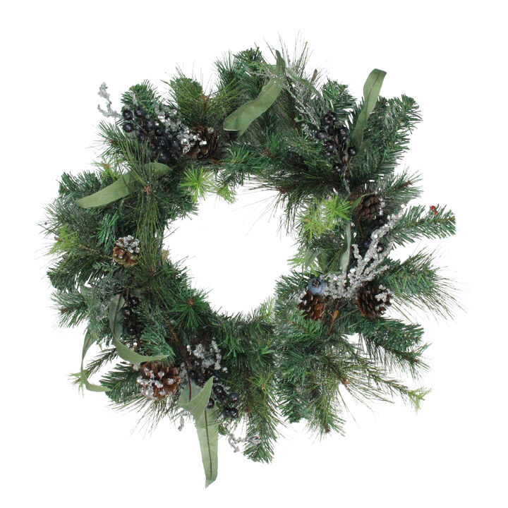 Mixed Pine with Blueberries Pine Cones and Ice Twigs Artificial Christmas Wreath - 24-Inch  Unlit