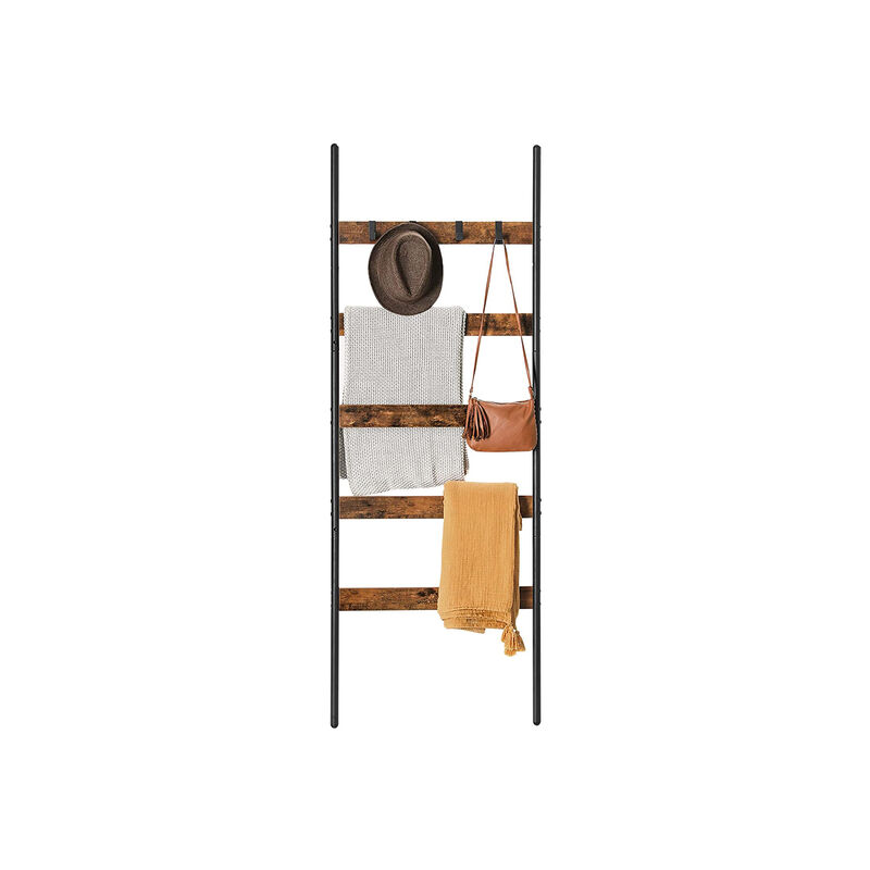 Rustic 5-Tier Blanket Ladder Shelf with Hooks and Steel Frame