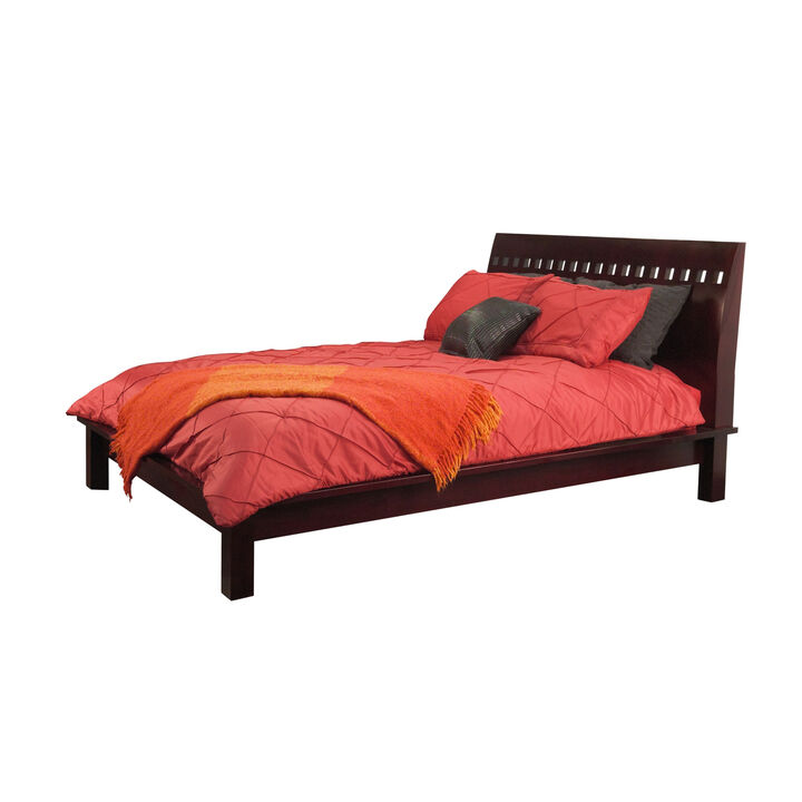 Mox Queen Platform Bed, Espresso Brown Wood, Cut Out Headboard, Block Legs - Benzara
