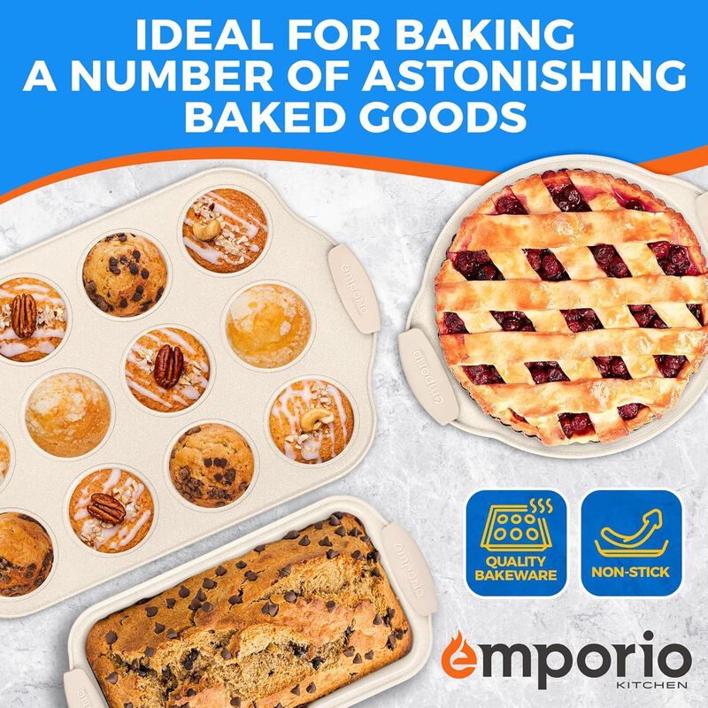 Baking Pan Set - Nonstick Coating, Carbon Steel Bakeware Set with White Silicone Handle, PFOA, PFOS, PTFE Free, Recipe Booklet Included, Oven Safe Tray (Up To 450° F), Set of 6 - White