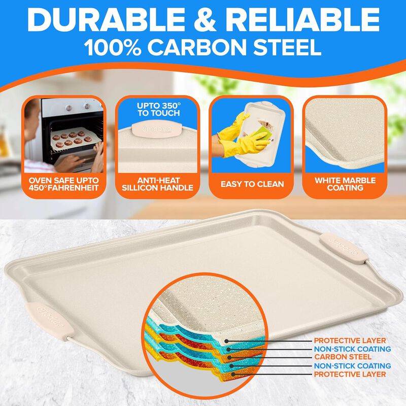Baking Pan Set - Nonstick Coating, Carbon Steel Bakeware Set with White Silicone Handle, PFOA, PFOS, PTFE Free, Recipe Booklet Included, Oven Safe Tray (Up To 450° F), Set of 6 - White