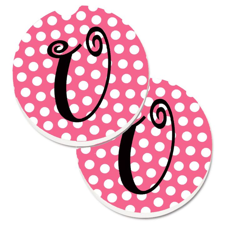 Caroline's Treasures Letter U Monogram - Pink black Polka Dots Set of 2 Cup Holder Car Coasters CJ1001-UCARC, 2.56, Multicolor