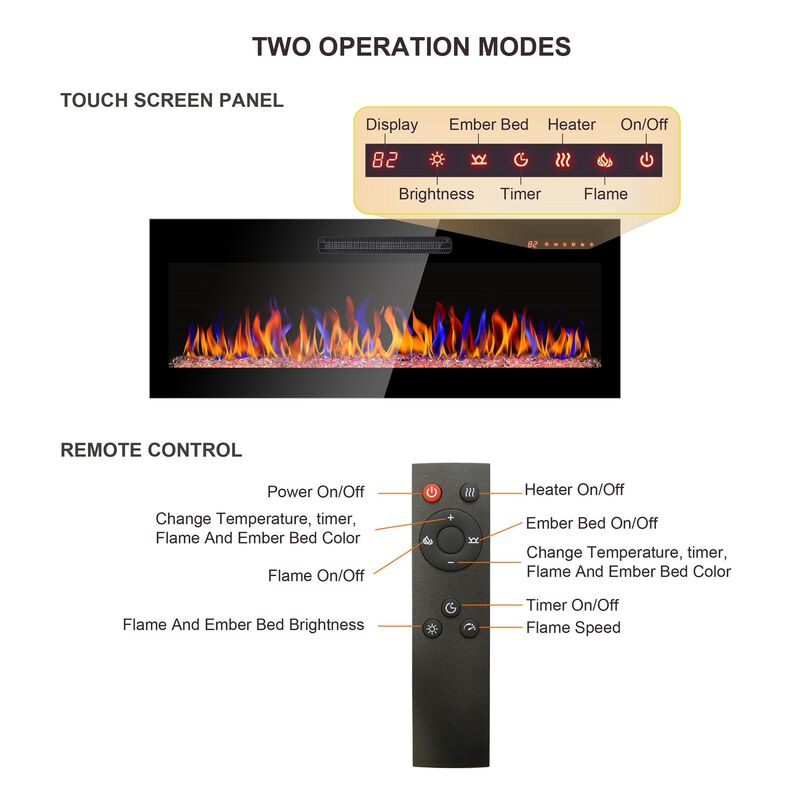 MONDAWE 60 Inch Recessed Ultra Thin Tempered Glass Front Wall Mounted Electric Fireplace With Remote And Multi Color Flame & Emberbed, LED Light Heater