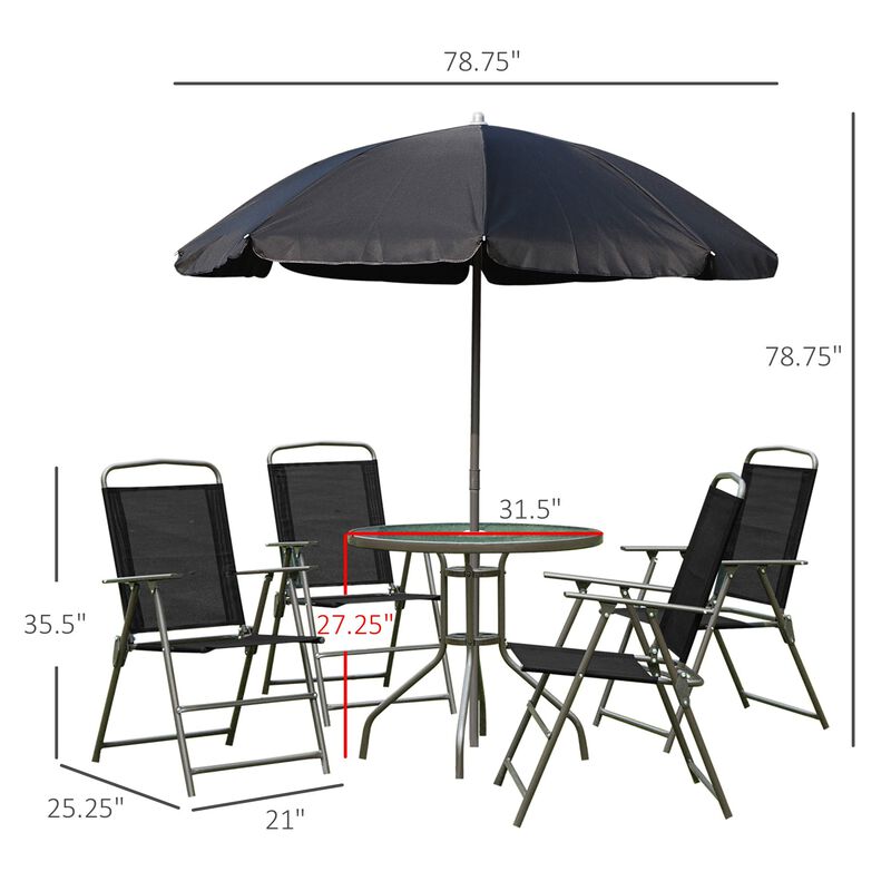 Black Outdoor Dining: 6-Piece Patio Set with Umbrella and Folding Chairs