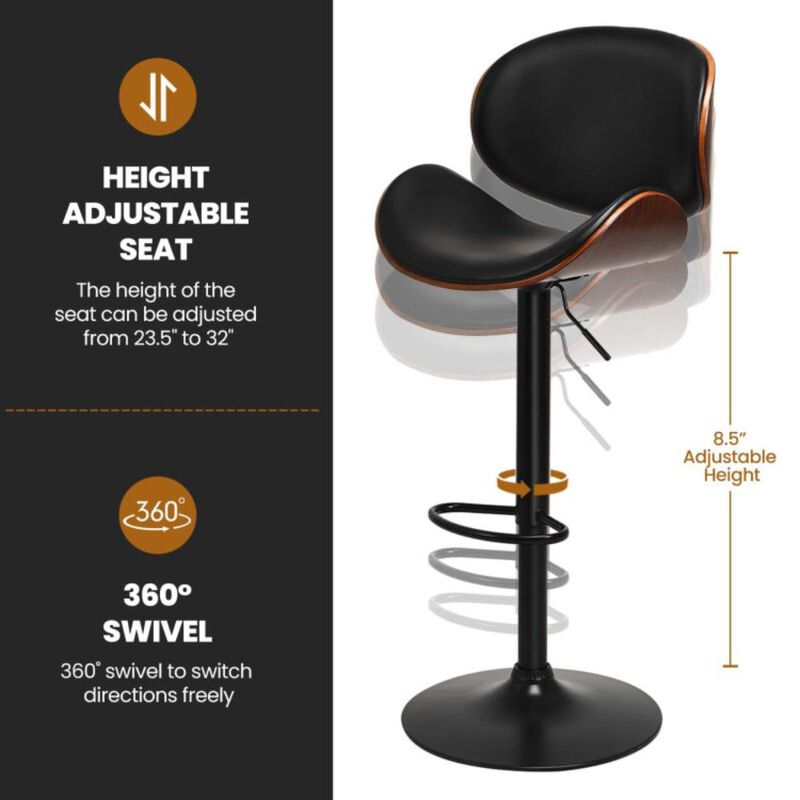 Hivvago Set of 2 Adjustable Swivel PU Leather Bar Stools with Curved Footrest