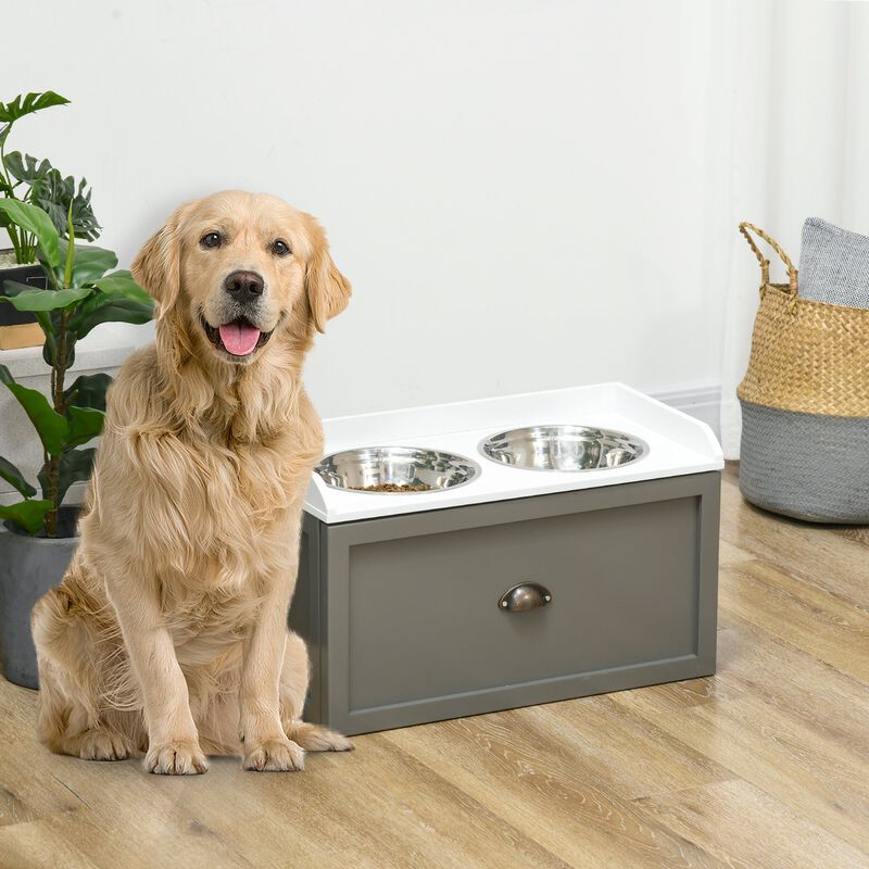 Gray Pet Dining Station: Elevated Dog Bowl with 21L Storage Drawer
