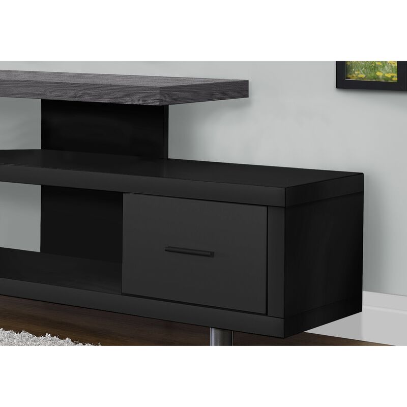 Sleek and Modern Ergode TV Stand - Black Finish with Grey Wood Grain Top, Open Shelving, and Media Storage Drawer. Suitable for all TV sizes.