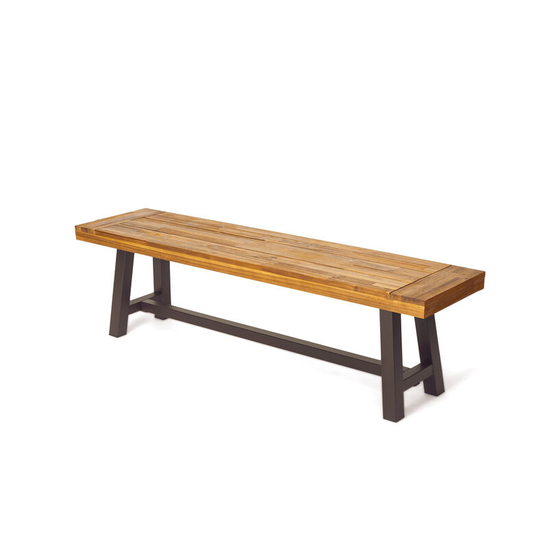 Leslee Outdoor Bench Set of 2, Light Brown Wood, Black Metal, 63 Inch - Benzara