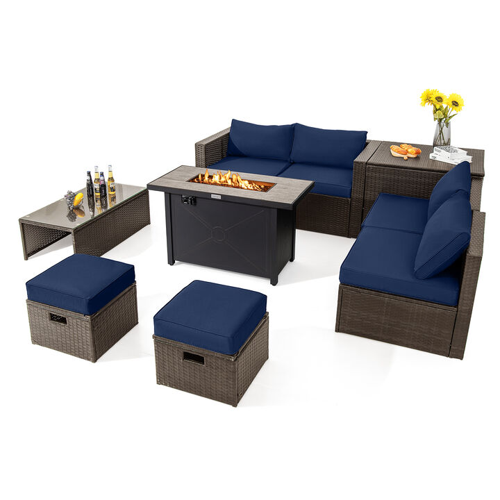 9-Piece Outdoor Patio Furniture Set with Cushions & Propane Fire Pit Table for Garden or Backyard