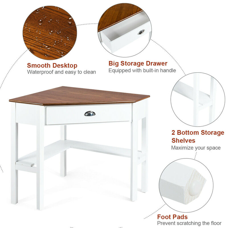 Costway Triangle Computer Desk Corner Office Desk Laptop Table w/ Drawer Shelves Rustic Natural &White