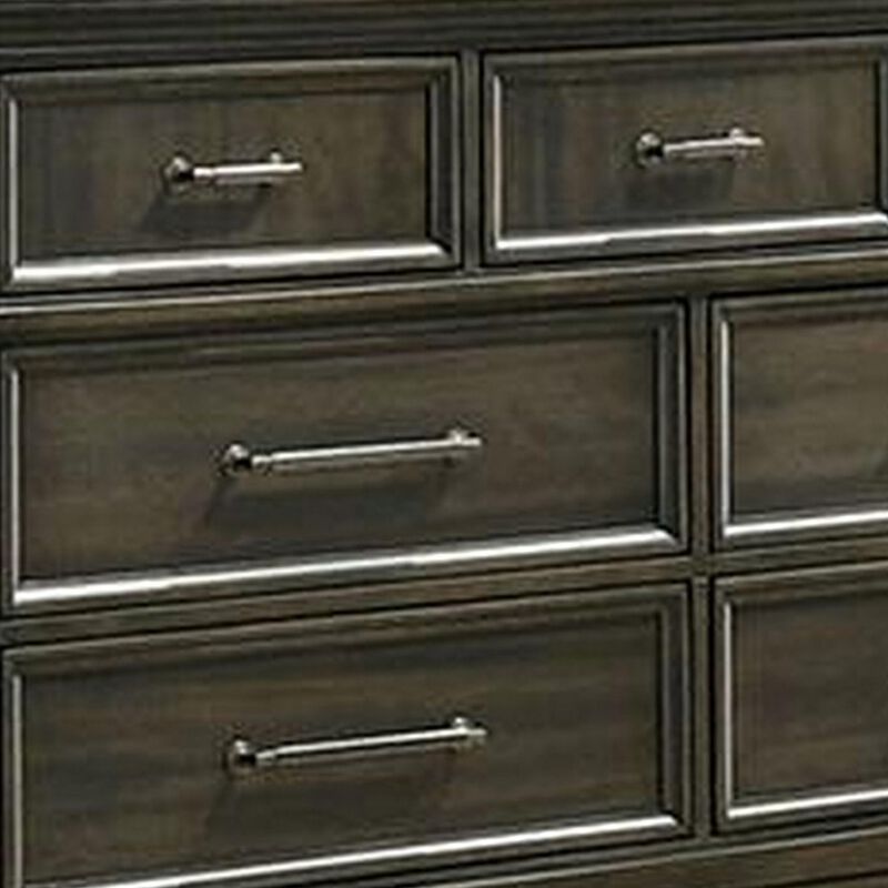 Benjara Ston 63 Inch Wide Dresser Chest, 7 Drawers, Handles, Wood, Gray and Pewter