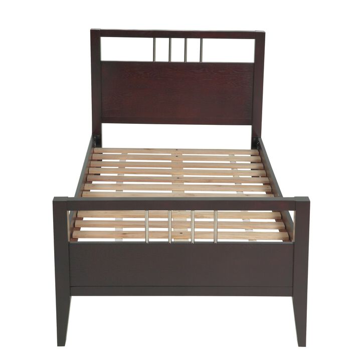 Fang California King Bed, Sleigh Headboard, Metal Bars, Espresso Brown - Benzara