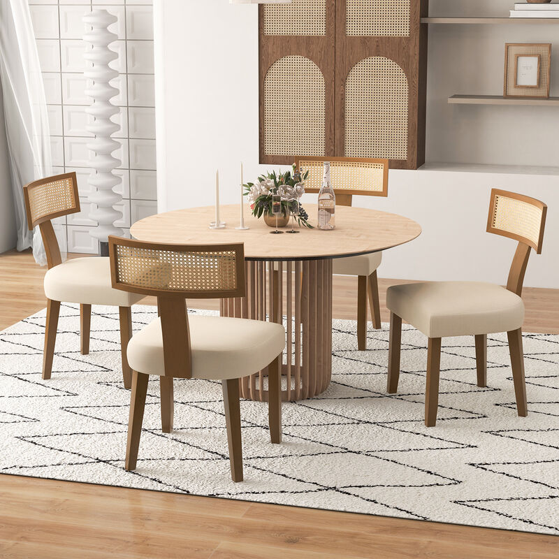Set of 2 Linen Fabric Upholstered Accent Dining Chairs with Curved Rattan Backrests