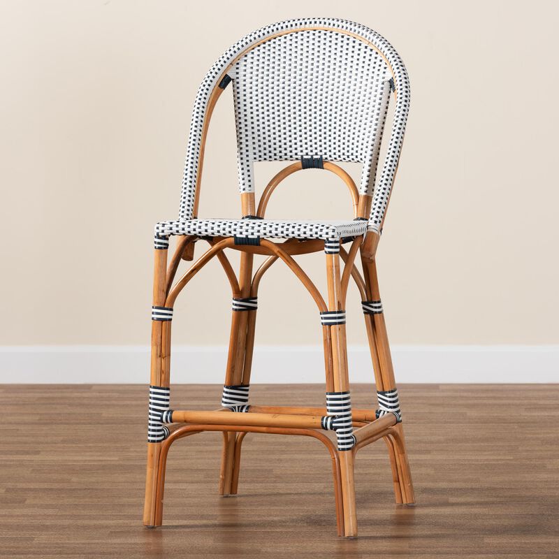 bali & pari Genica Classic French Two Tone Navy and White Weaving and Natural Rattan Bar Stool