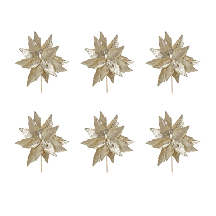 Glittered and Metallic Poinsettia Artificial Flower Stem for Holiday Décor (Set of 6)