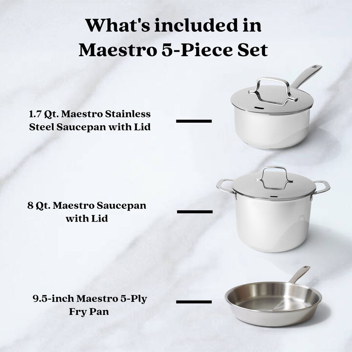 Alva Maestro 5-Piece Premium Stainless Steel Cookware Set - Non-Toxic, PFAS/PFOA/PTFE-Free Pots and Pans - Induction & All Stovetop Compatible - Oven Safe with Stay-Cool Handles