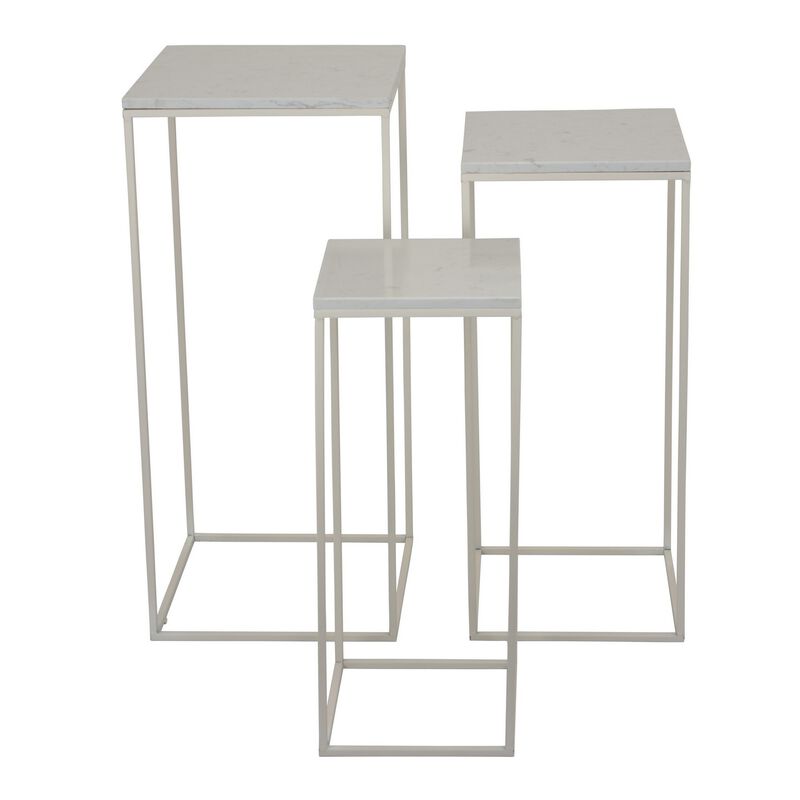 Plant Stand Table Set of 3, White Marble, Metal Frames, Square Tops - Benzara