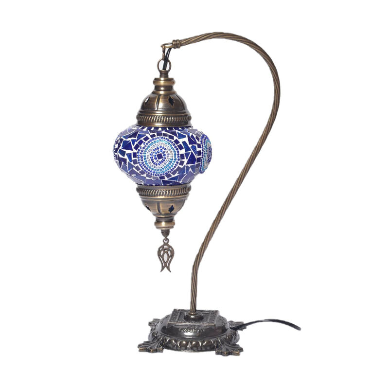 18 in. Handmade Azure Neck Brown Mosaic Glass Table Lamp with Brass Color Metal Base