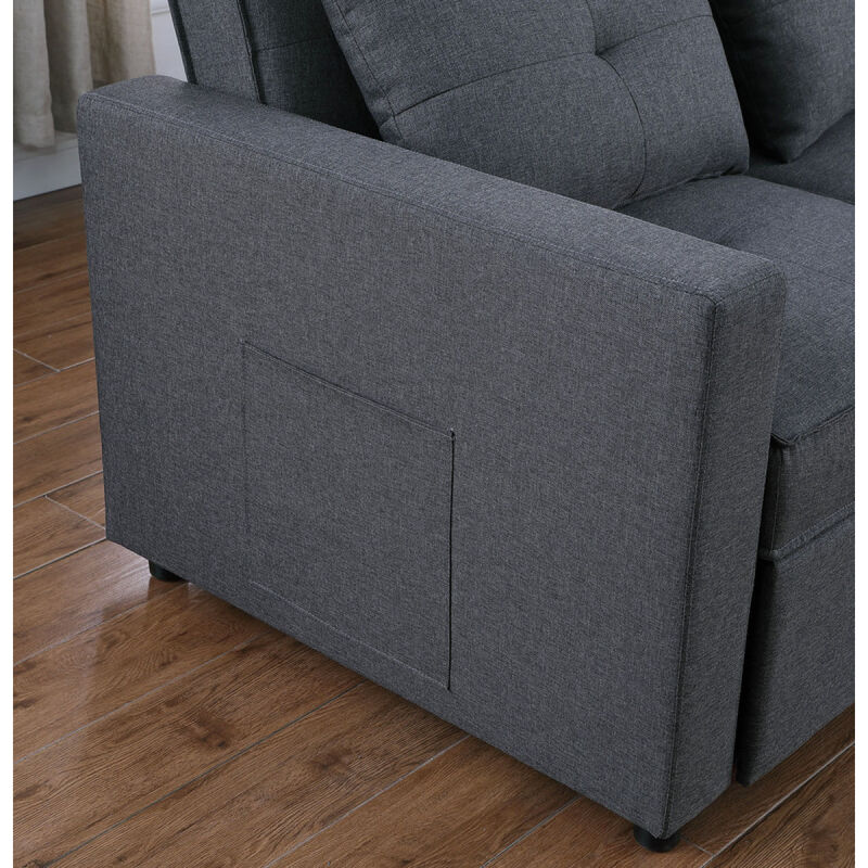 Zoey Dark Gray Linen Convertible Sleeper Loveseat With Side Pocket