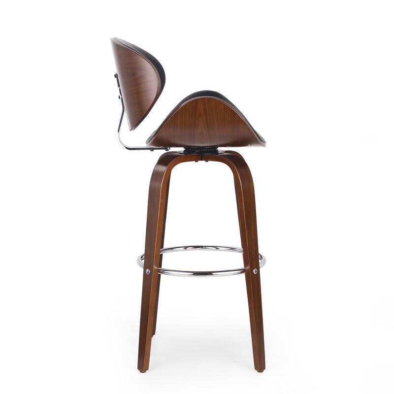 Zaine Swivel Barstool Chair, Walnut Veneer, Black Faux Leather - Benzara