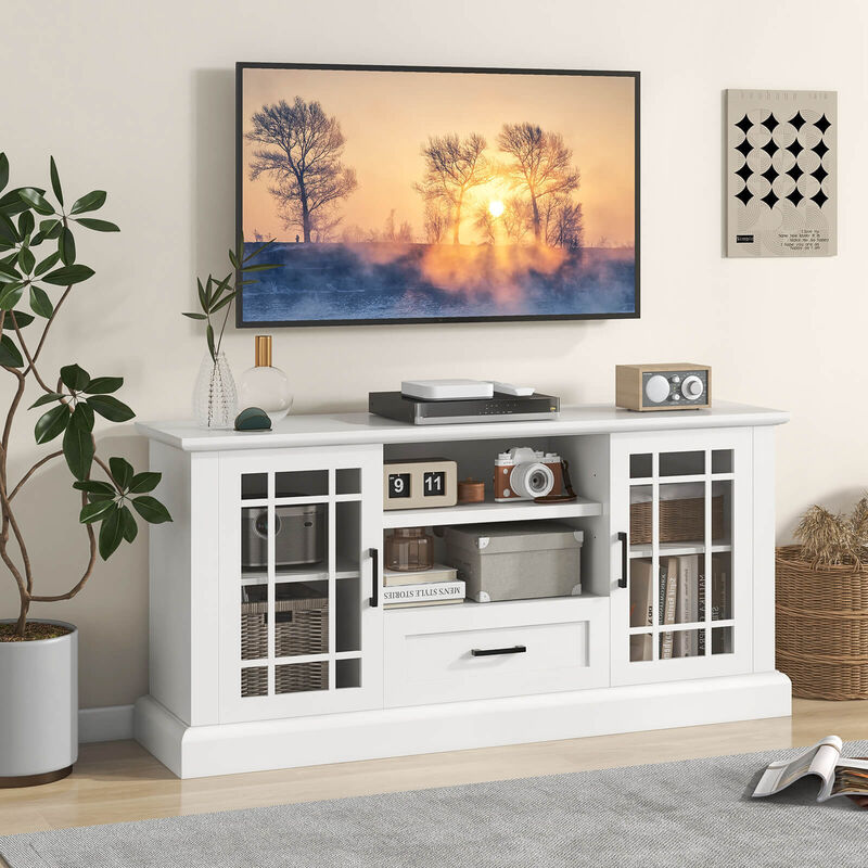 TV Stand for TVs up to 70" with Glass Doors, Cubbies, and Drawer Storage