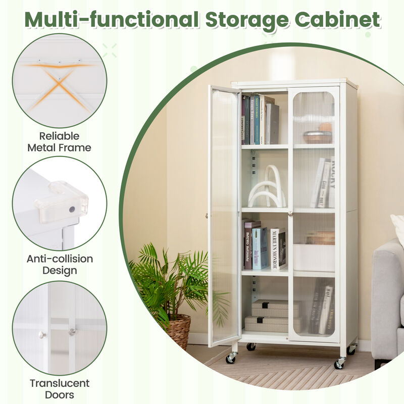 Glass Doors Storage Cabinet with Wheels and Adjustable Shelves