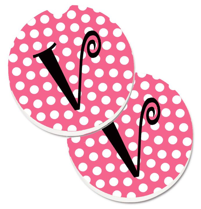 Caroline's Treasures Letter V Monogram - Pink black Polka Dots Set of 2 Cup Holder Car Coasters CJ1001-VCARC, 2.56, Multicolor