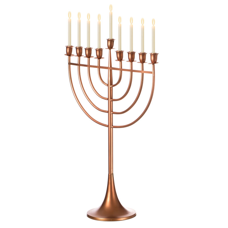 Modern Solid Metal Judaica Hanukkah Menorah 9 Branched Candelabra, Copper Medium