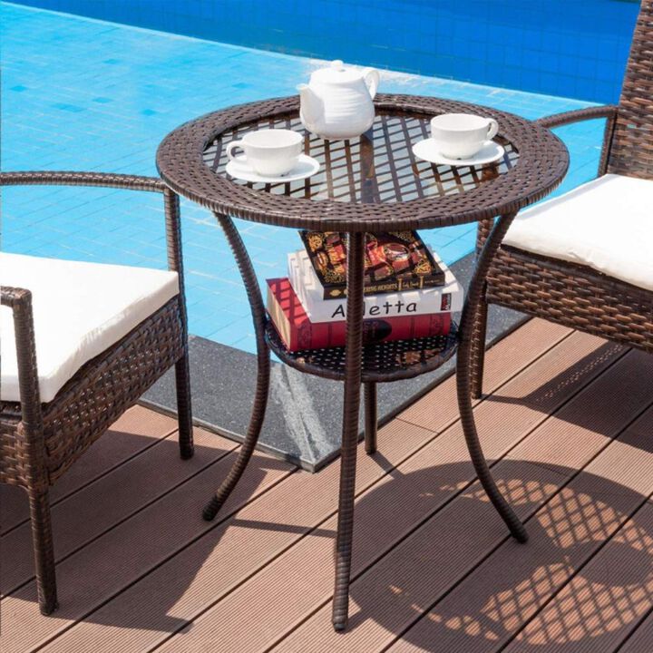 Hivvago Round Rattan Wicker Coffee Table with Lower Shelf