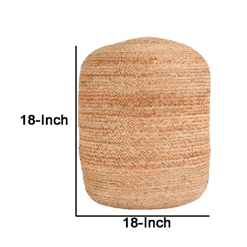 18 Inch Round Accent Pouf, Soft Braided Jute Design, Natural Cream Orange-Benzara