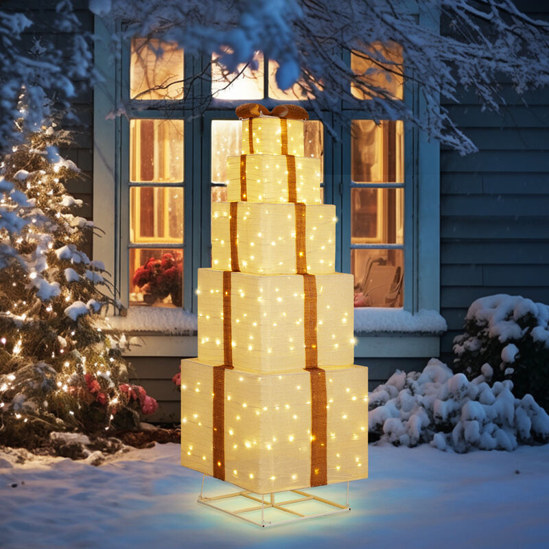 Lighted Gift Box Tower Festive Pre-Lit Stackable Decor for Christmas & Holiday Displays