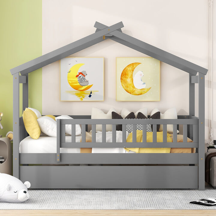 Wooden House Bed with Trundle for a Cozy and Fun Kids' Bedroom