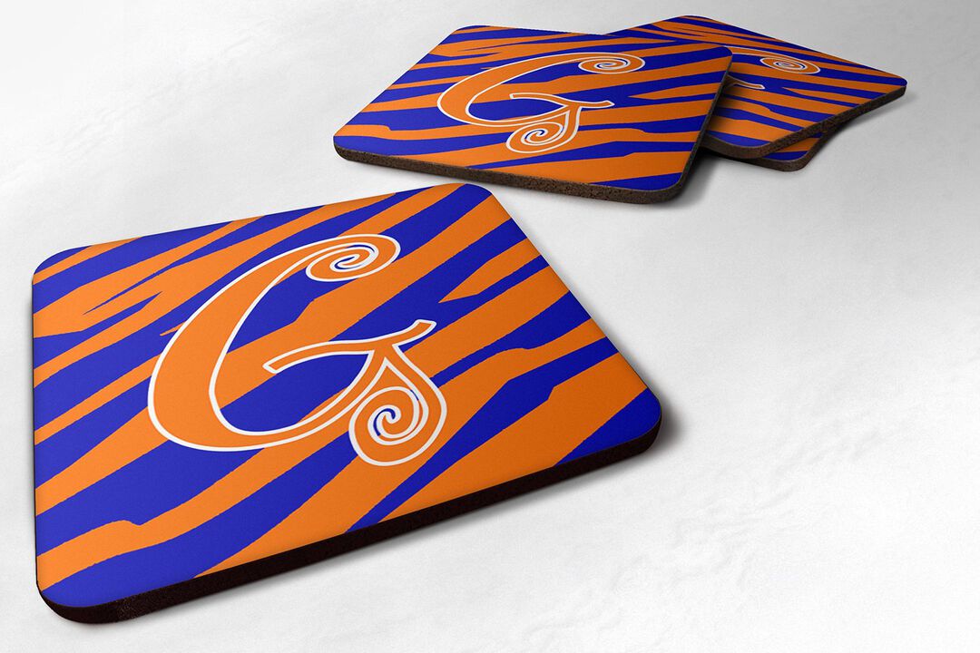Caroline's Treasures CJ1036-GFC Monogram-Tiger Stripe Blue and Orange Foam Coasters (Set of 4), Initial Letter G, 3.5 H x 3.5 W, Multicolor