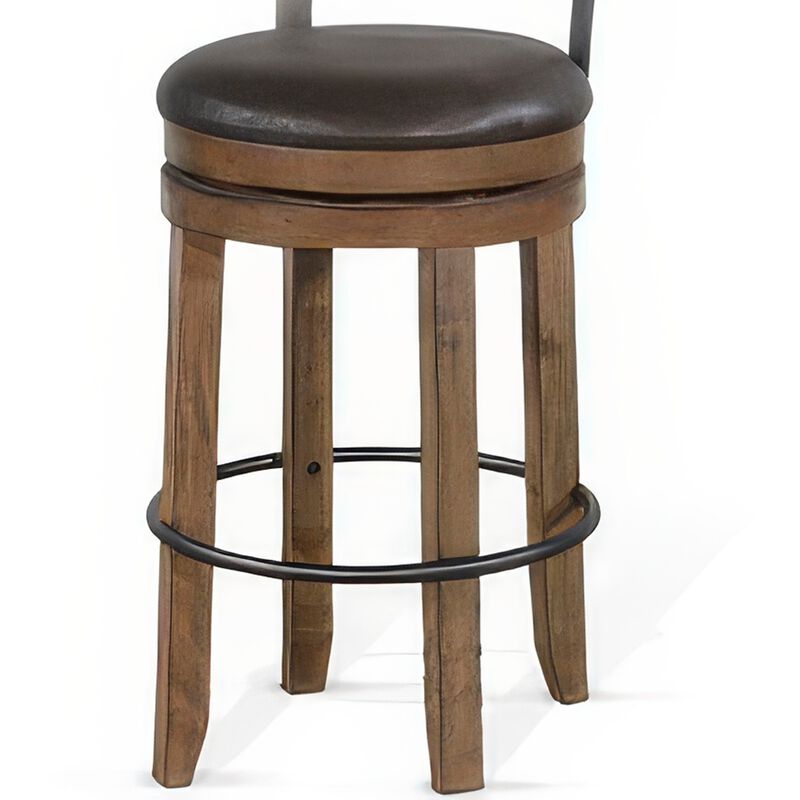 Yael Swivel Barstool Chair Set of 2, Gray Faux Leather, Brown, Black - Benzara