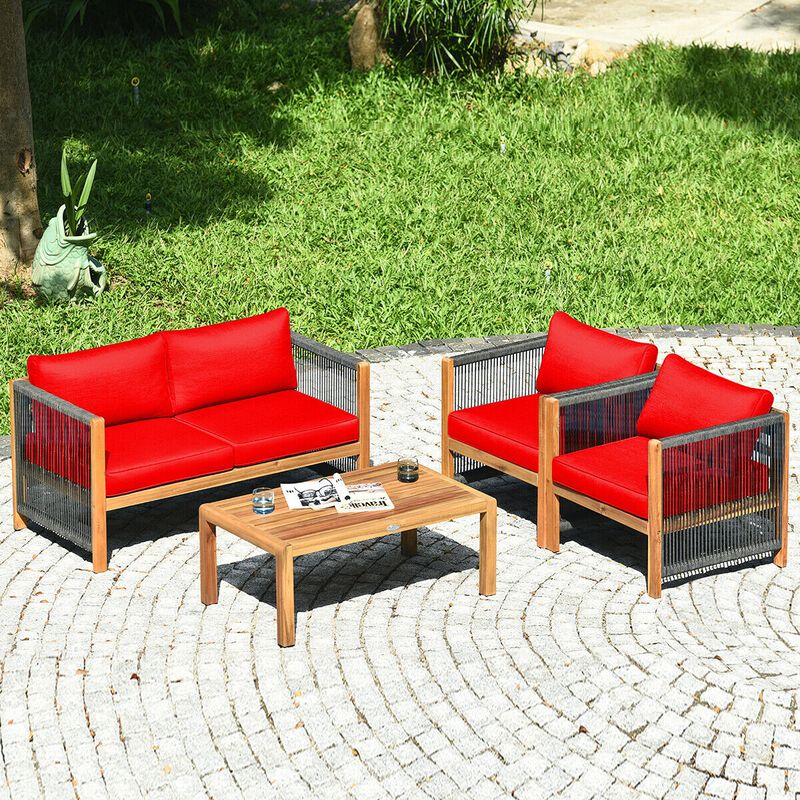 4 Pieces Acacia Wood Sofa Set with Cushions for Outdoor Patio