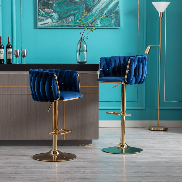 Set of 2 Bar Stools, with Chrome Footrest and Base Swivel Height Adjustable Mechanical Lifting Velvet + Golden Leg Simple Bar Stool-Navy