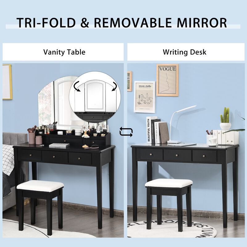 Vanity Table Stool Set with Large Tri-Folding Lighted Mirror for Bedroom or Dressing Area